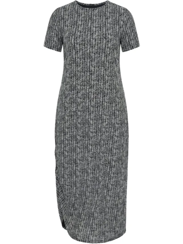 Ulla Popken Dames - Maxi-jurk visgraat ronde hals korte mouwen - Zwart - Maat 58+