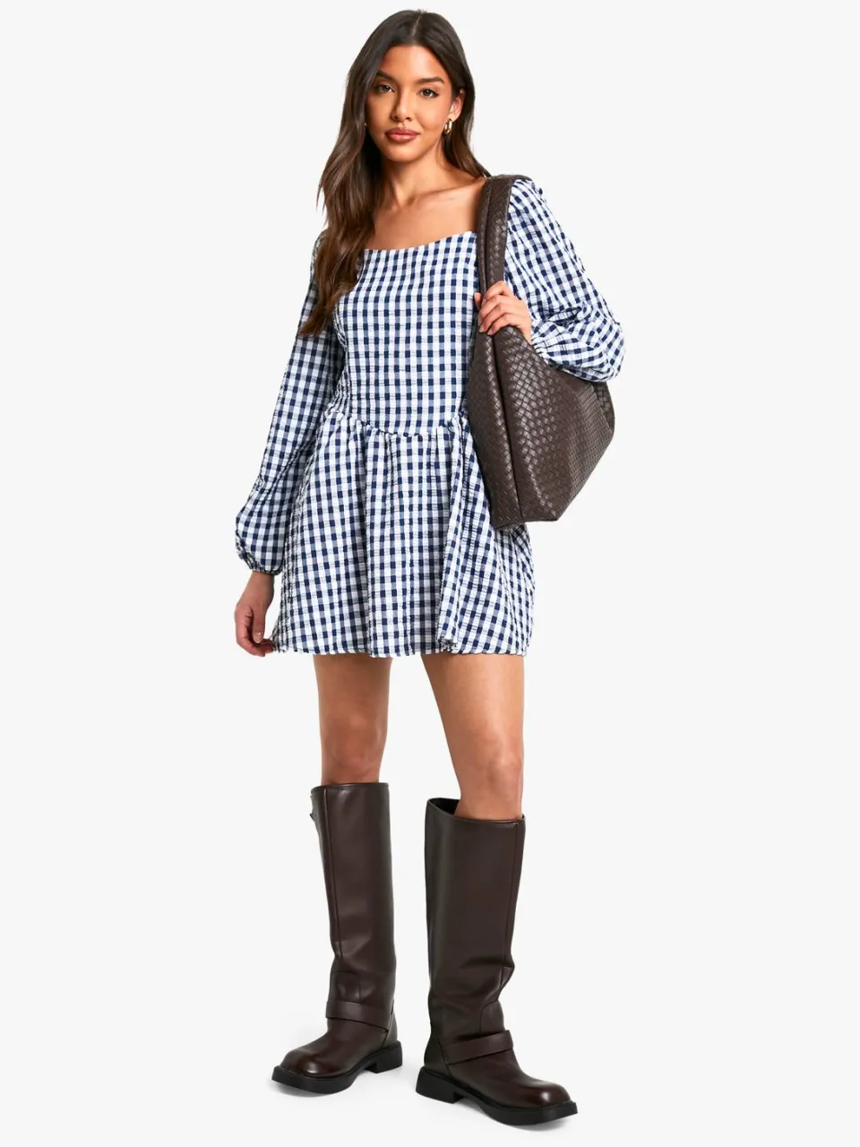 boohoo Dames Gingham Mini Jurk met Lange Mouwen marineblauw, foto 3