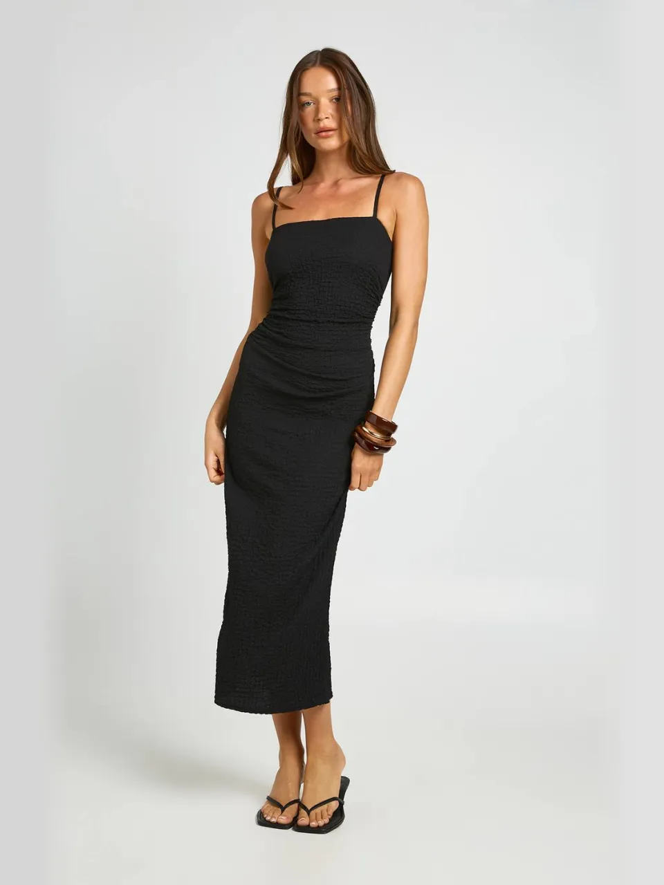 boohoo Dames Getextureerde Midaxi Jurk Met Geplooid Detail Op De Taille zwart, foto 2