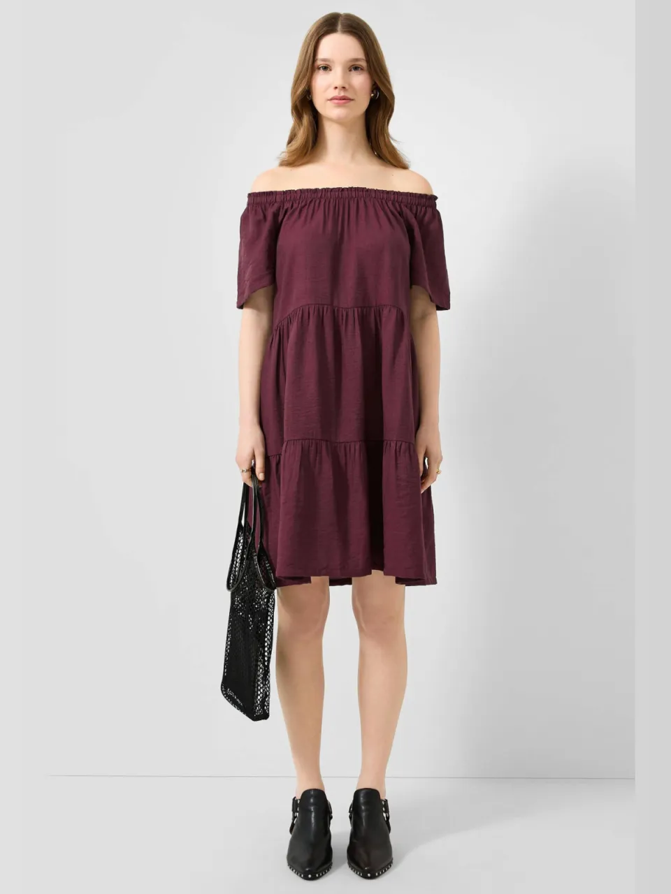 QS off shoulder viscose mini jurk - paars, foto 5