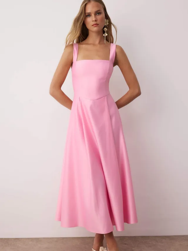 Trendyol TRENDYOLMİLLA Dames Donkerblauw Effen Midi Mouwloos Stijlvol/Avond Skater Jurken Roze