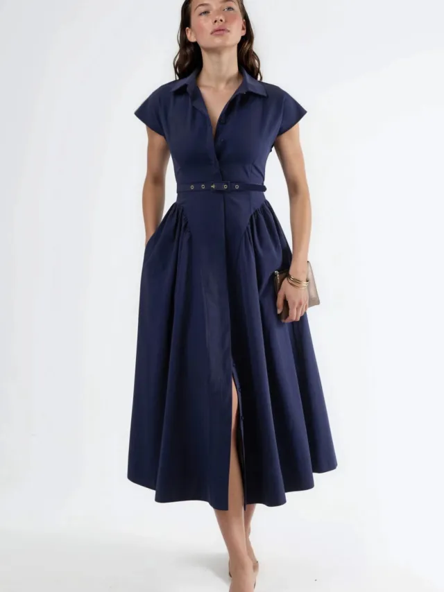 Busem Gestrikt Midi-jurk met Hemdkragen Marineblauw