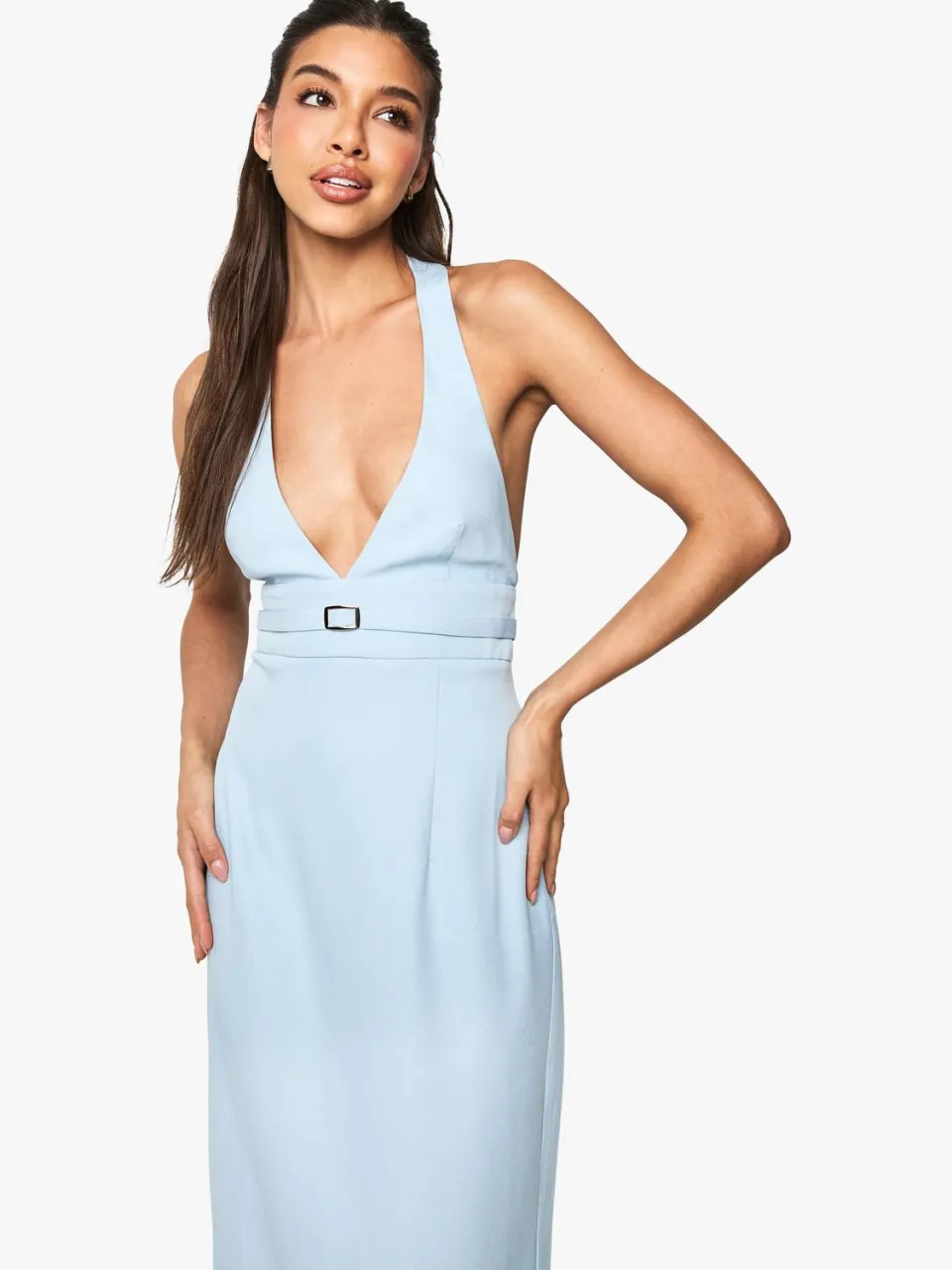 boohoo Dames Op maat gemaakte midi-jurk met gespdetail en halternek blauw, foto 2