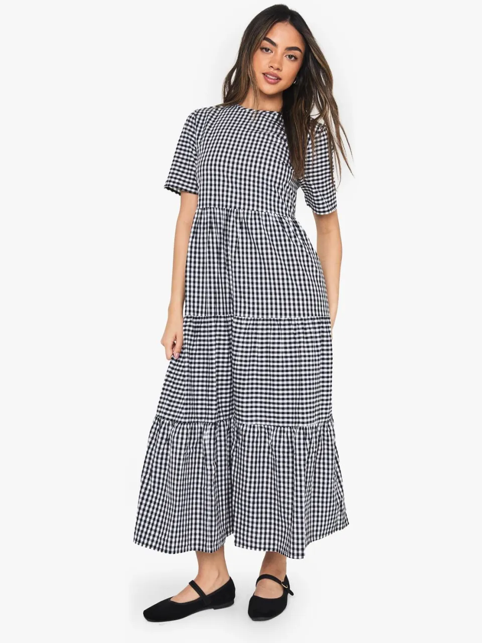 boohoo Dames Katoenen Gingham Midaxi Smockjurk zwart, foto 2