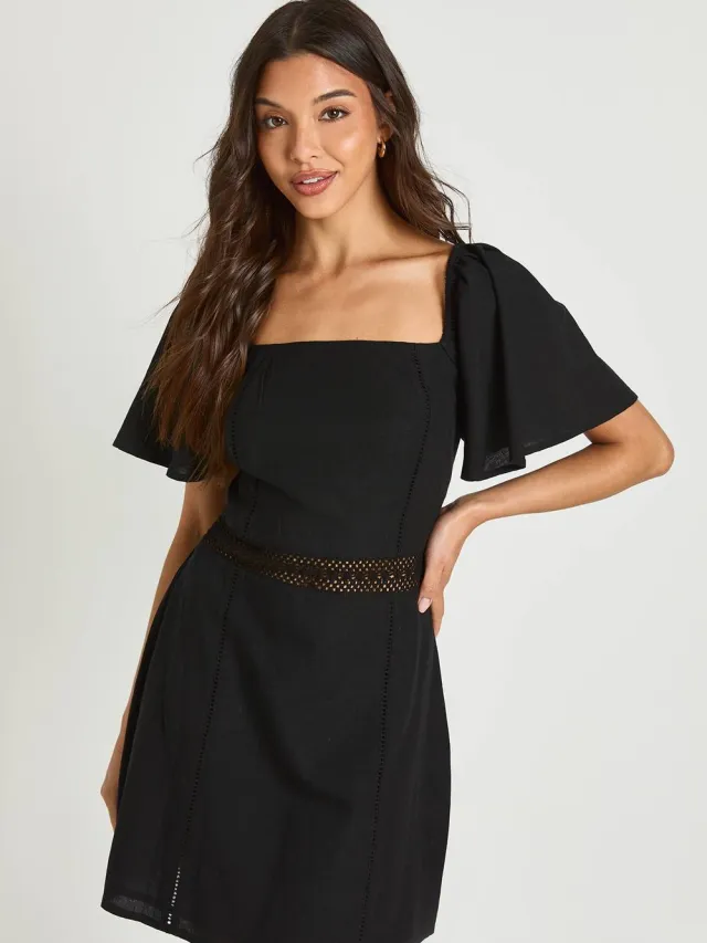 boohoo Dames Mini Jurk Met Haakwerk Detail En Linnen Look zwart, foto 2