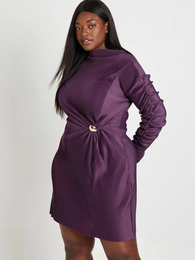 boohoo Dames Plus Plisse Skater Jurk Met Gouden Afwerking