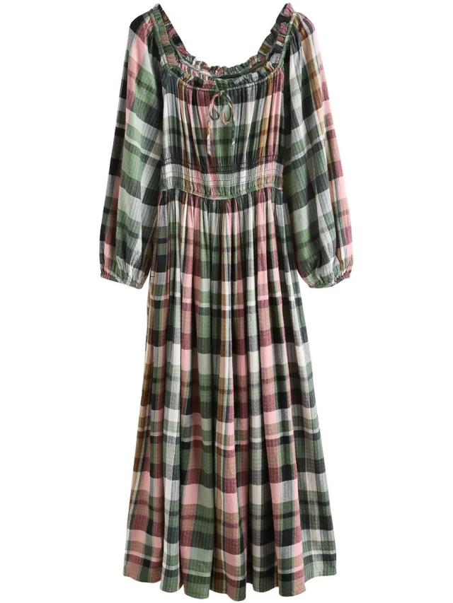Next Dames - Halflange jurk met lange mouwen, strik en vierkanten halslijn - Groen Green/Pink Check