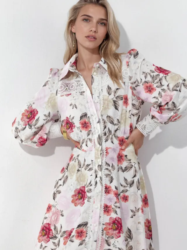 MSN Collection Bloemen mini hemdjurk met kantdetails Gebroken wit