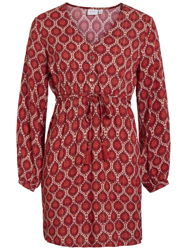 Vila viscose mini jurk met ceintuur en print - roodbruin Roodbruin/ ecru