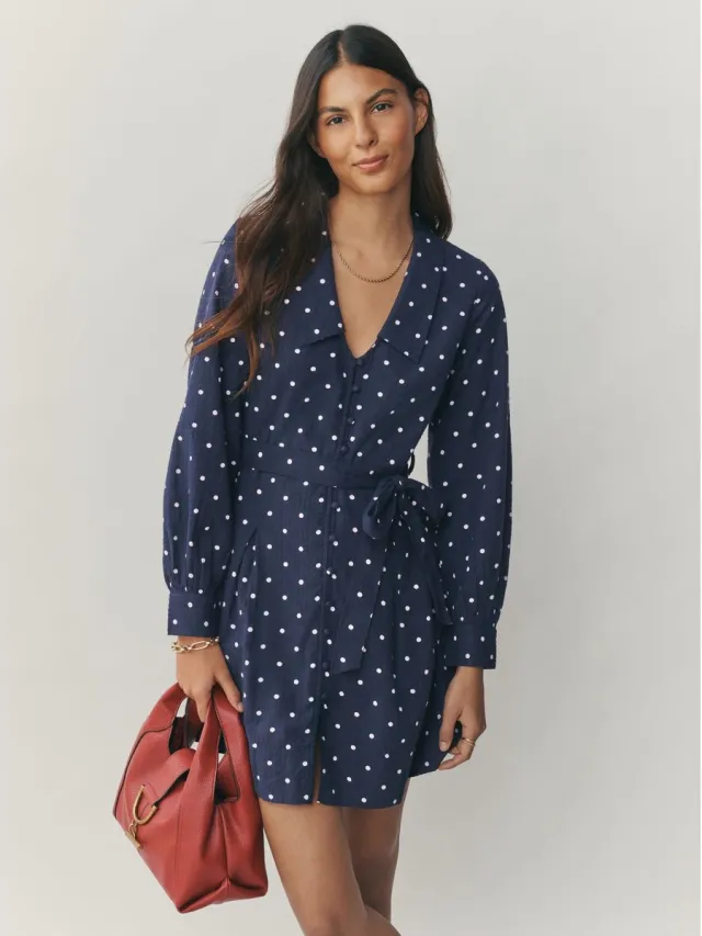 Next Dames - Mini-overhemdjurk met lange mouwen en kraag - Blauw Navy Blue/White Polka Dot