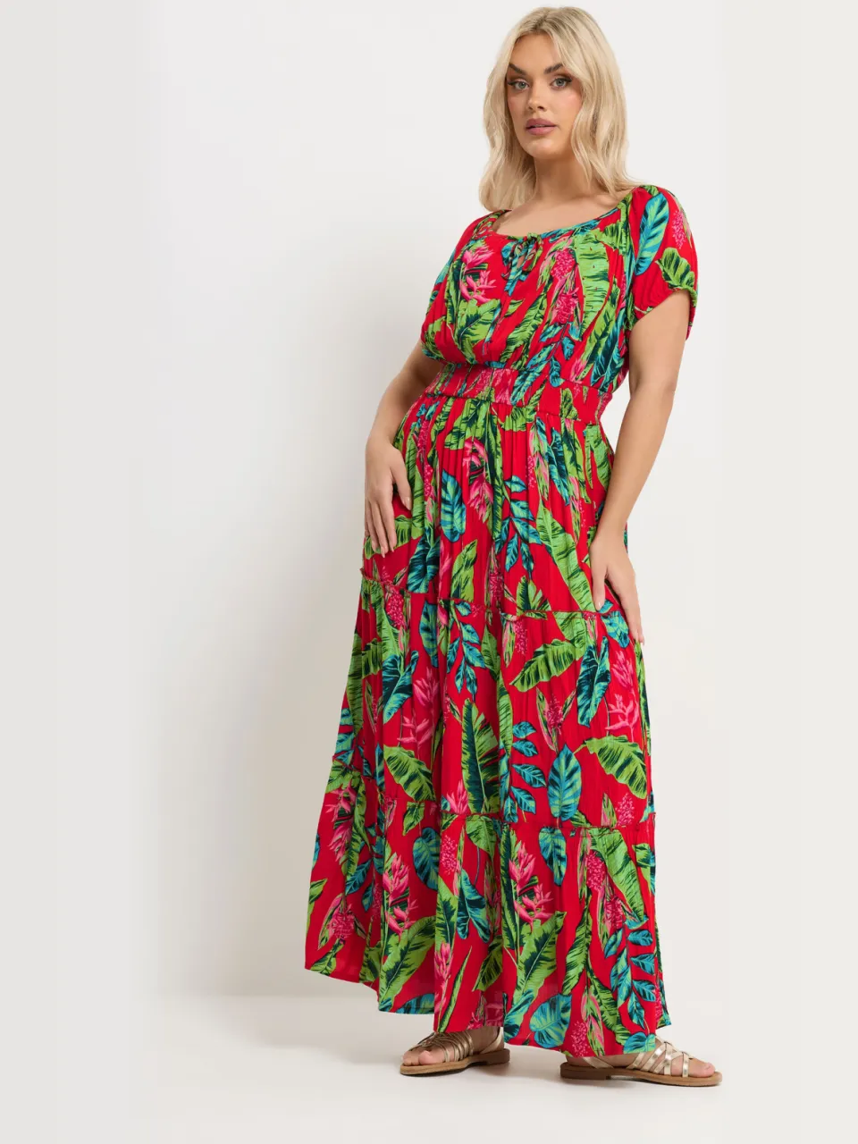 Yours Rood Tropisch Strik Bardot Maxi Jurk-60, foto 2