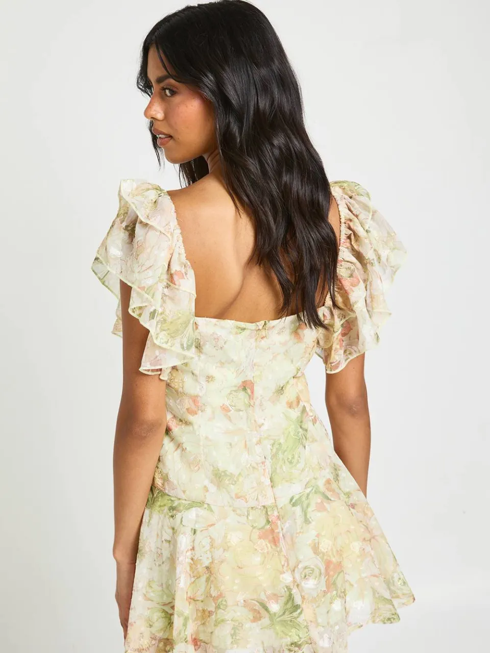 boohoo Dames Jacquard Bloemen Engelmouwen Mini Jurk zachte limoen, foto 2