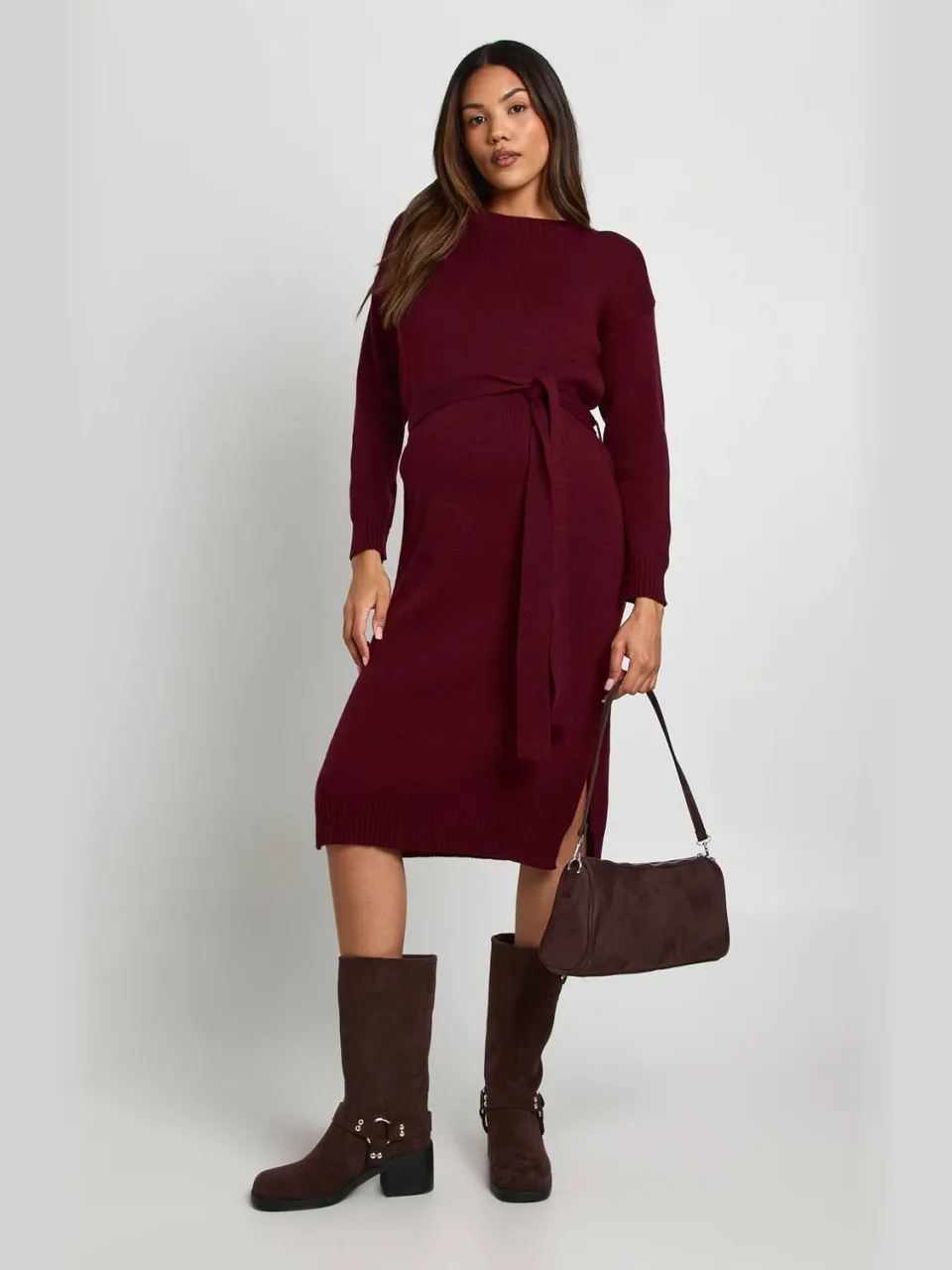 boohoo Dames Zwangerschaps trui met ronde hals midi jurk bordeaux rood, foto 3