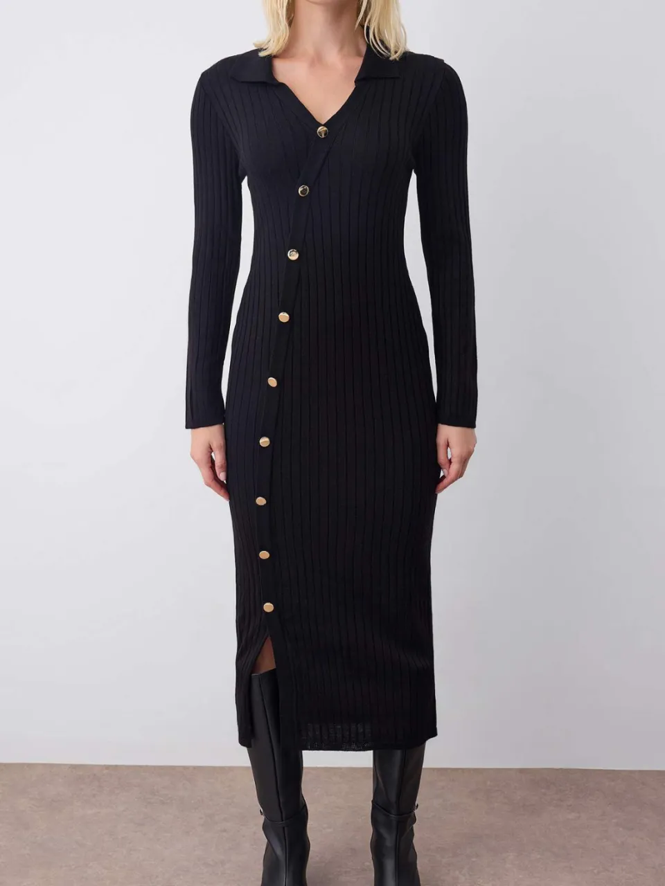 Trendyol TRENDYOLMİLLA Dames Zwart Effen Midi Lang Avond / Dagelijks Bodycon Jurken, foto 2