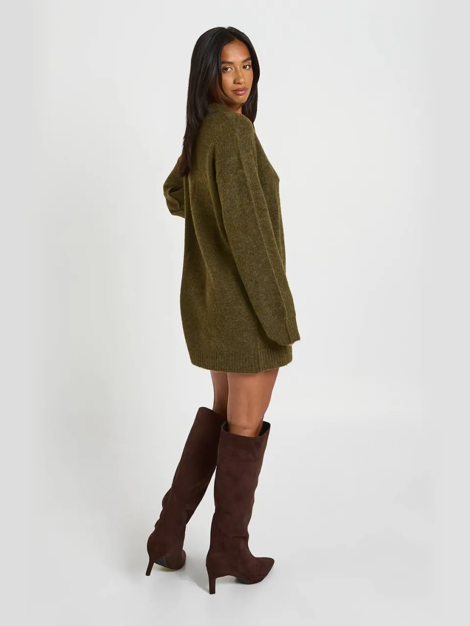 boohoo Dames Petite Gebreide Jurk Met Kraag En Knoopsluiting In Oversized Model kaki, foto 2