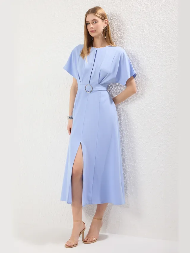Trendyol TRENDYOLMİLLA Dames Blauw Effen Maxi Driekwart mouw Casual A-lijn Jurken