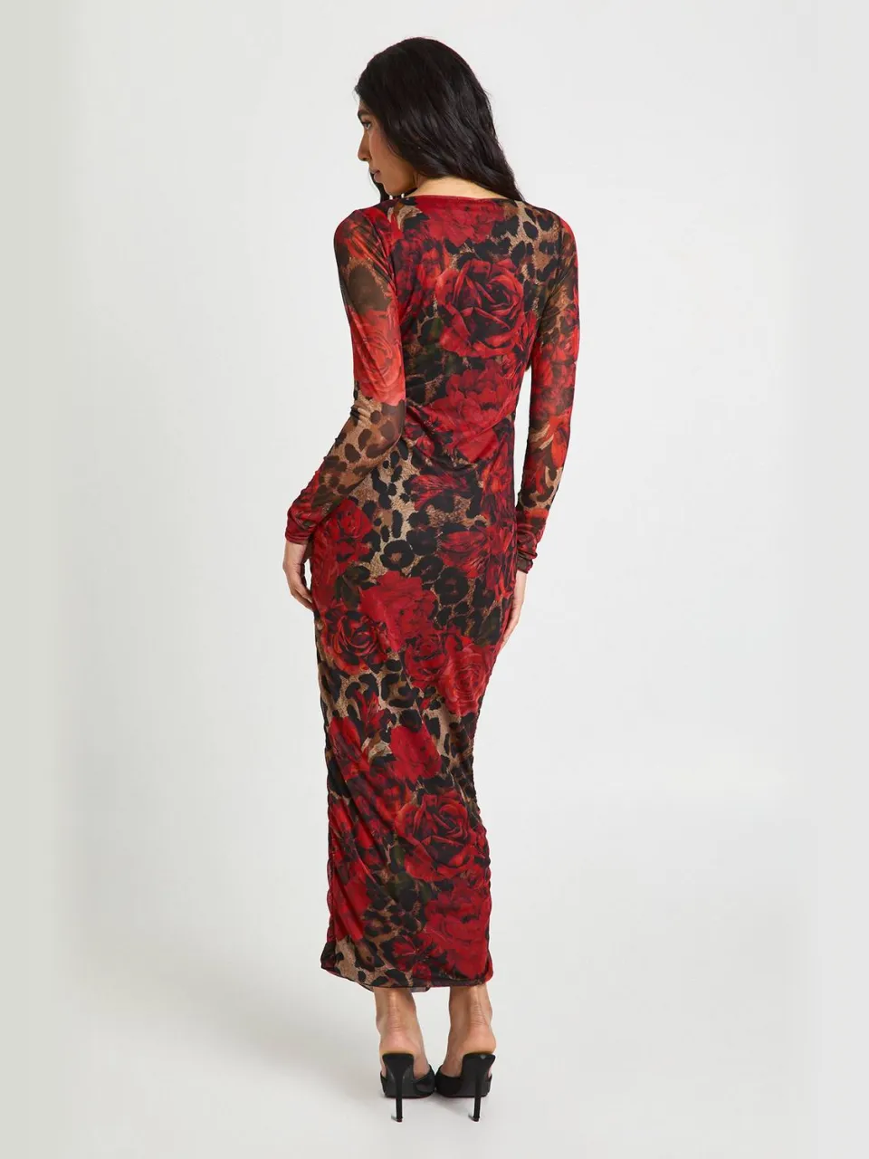 boohoo Dames Tall Luipaard Bloemen Mesh Vierkante Hals Gerimpelde Midi Jurk luipaardprint, foto 2