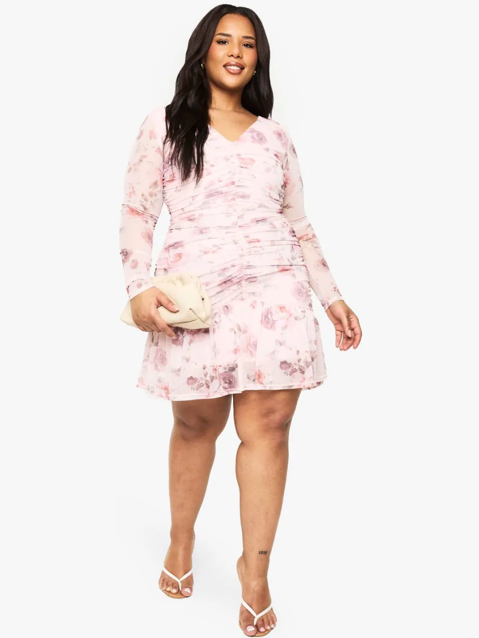 boohoo Dames Plus Floral Mesh Geruikelde Mini-jurk met Volantzoom blush, foto 3