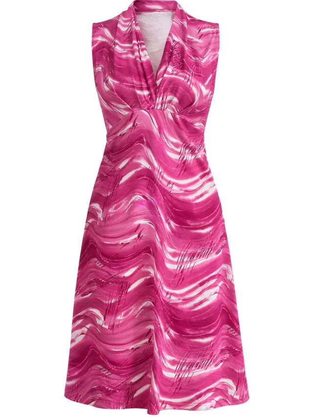 Conquista Mouwloze jurk met V-hals en vloeiende abstracte print in levendig roze. Fuchsia