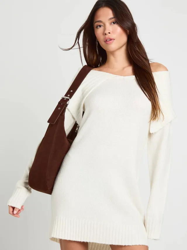 boohoo Dames Zacht gebreide oversized kraag off-shoulder pullover jurk Ecru