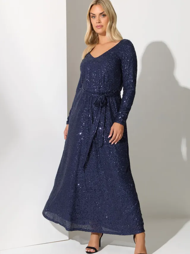 Yours London Maxijurk Met Lange Mouwen En Paillettenversiering In Donkerblauw Blue