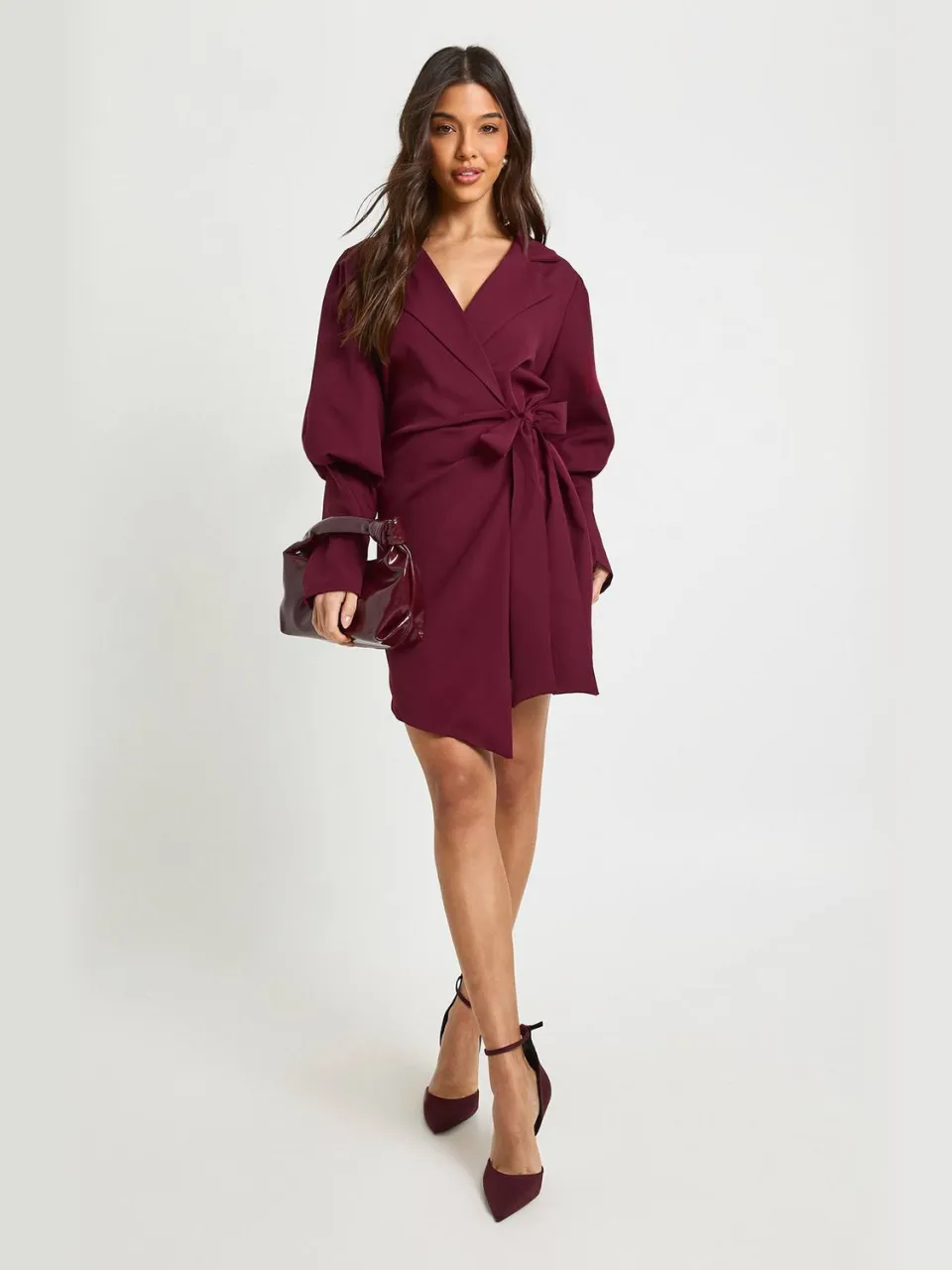 boohoo Dames Volume mouw strik taille blazer jurk merlot, foto 2