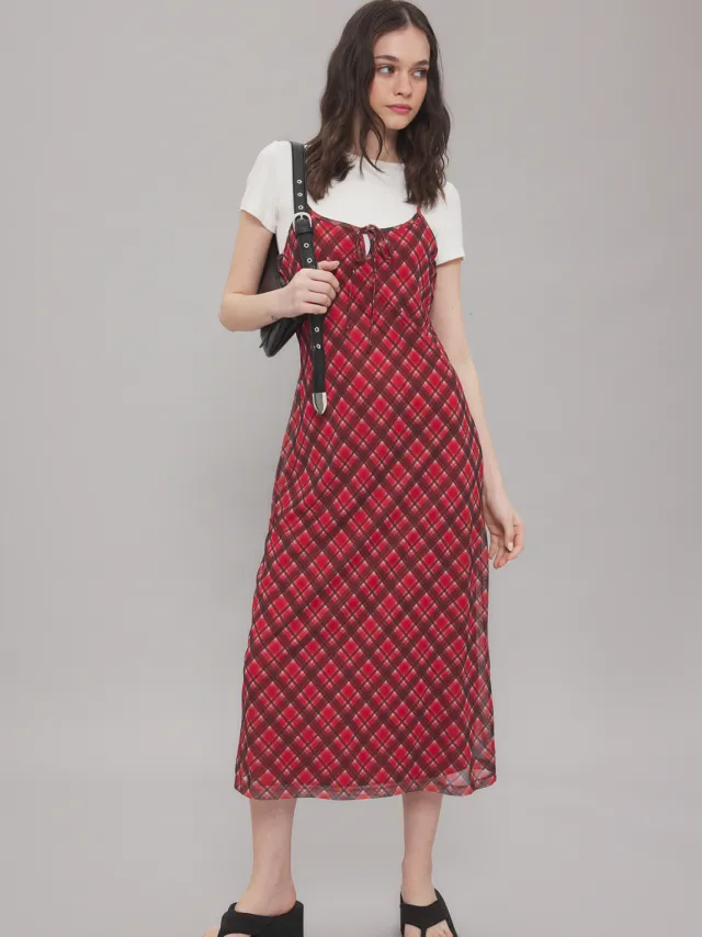 Trendyol TRENDYOLMİLLA Dames Rood Geruit Maxi Mouwloos Casual A-lijn Jurken