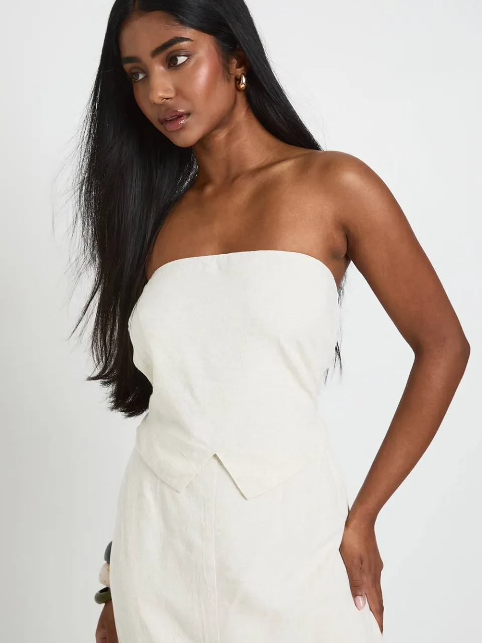 boohoo Dames 2-in-1 Linnen-look Bandeau Column Maxijurk steen, foto 4