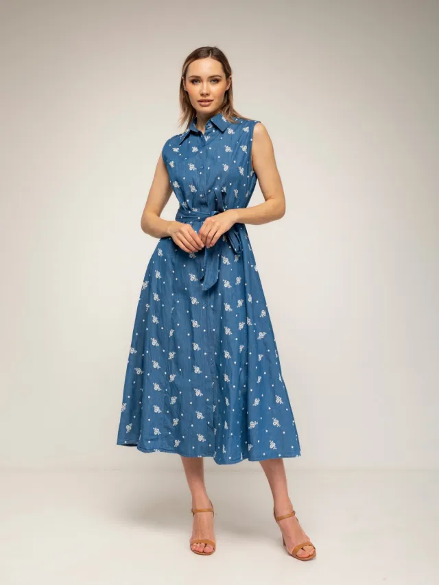 Tantra Midi tencel-blousejurk met borduursels, een uitlopende pasvorm en een riem Blauw