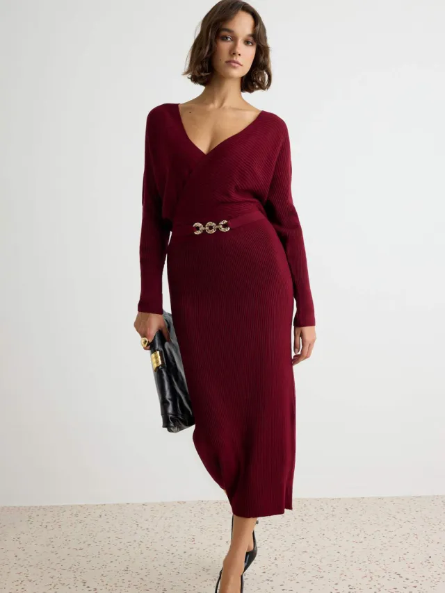 Trendyol TRENDYOLMİLLA Dames Bordeaux Effen Maxi Lang Recht Jurken Bordeauxrood