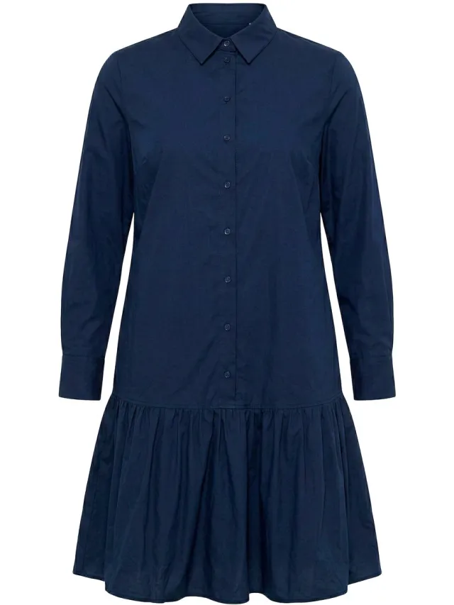 Ulla Popken Dames - Midi-jurk ballonzoom overhemdkraag lange mouwen - Marine - Maat 54+