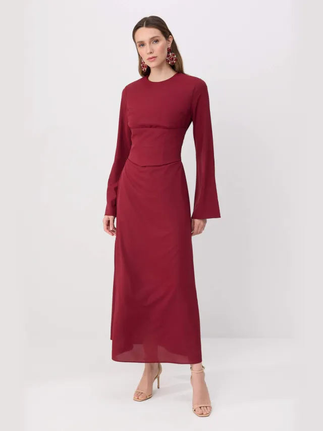 Trendyol Modest Dames Bordeaux Effen Maxi Lang Stijlvol/Avond Skater Modest Avond Jurken Bordeauxrood