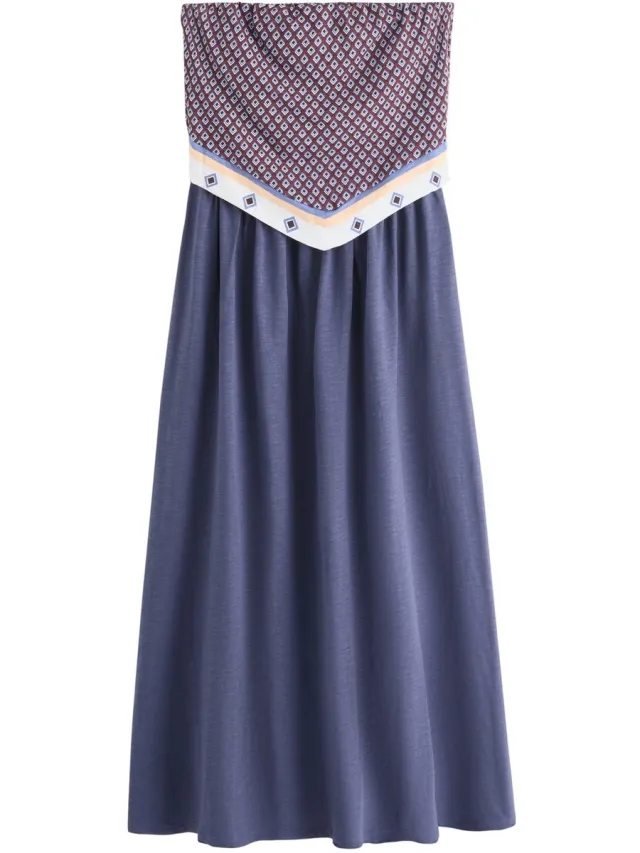 Next Dames - Jersey midi-jurk met bandeauhals en puntige zoom - Blauw Navy Blue/Brown Geometric