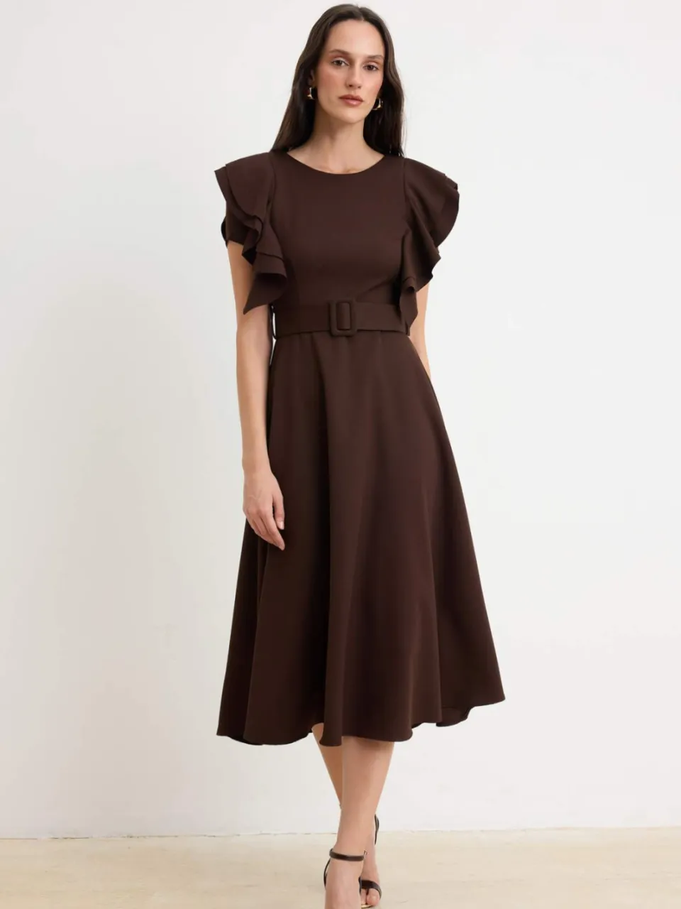 Trendyol TRENDYOLMİLLA Dames Bruin Effen Midi Kort Skater Jurken, foto 2