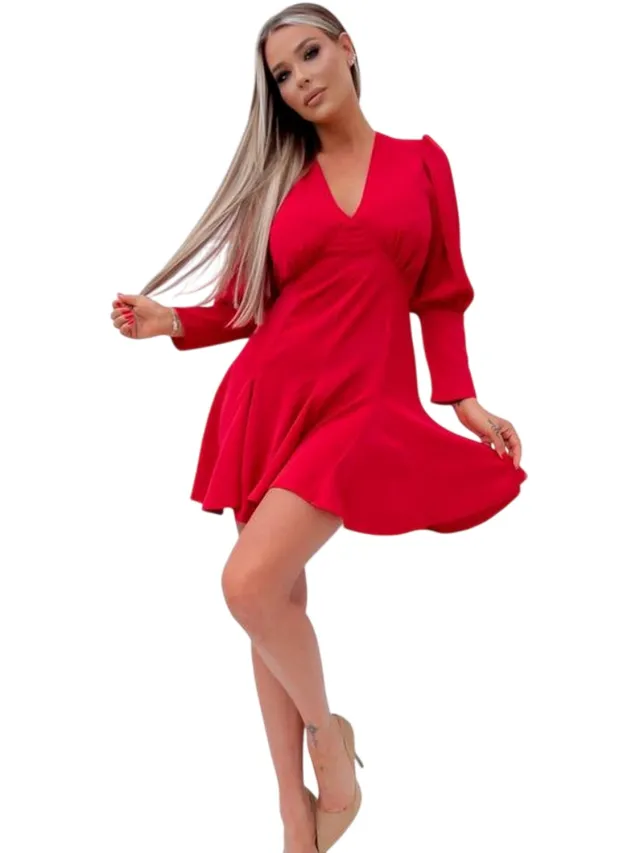 AX Paris Damesjurk van polyester met lange mouwen en skater-model (Rood)