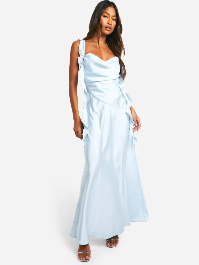 boohoo Dames Satijn franje riem maxi-jurk Lichtblauw
