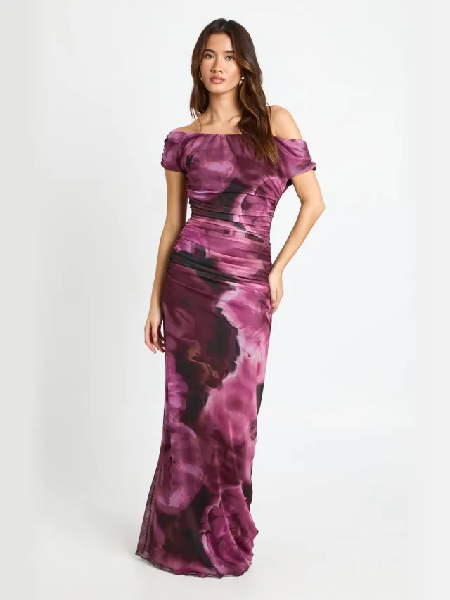 boohoo Dames Off-Shoulder Mesh Maxi Jurk Bordeaux Rood