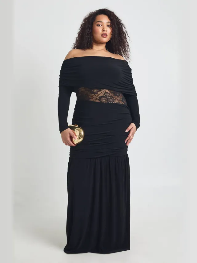 boohoo Dames Plus Asymmetrische Halslijn Kanten Inzet Lange Mouw Maxi Jurk Zwart