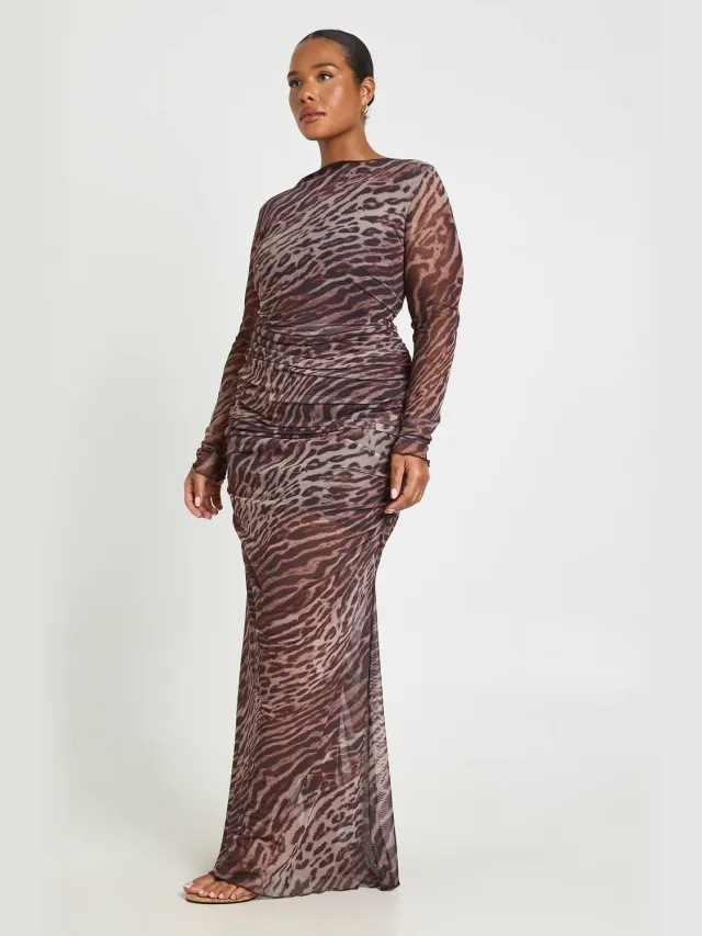 boohoo Dames Plus Luipaardprint Gerimpelde Mesh Maxi Jurk