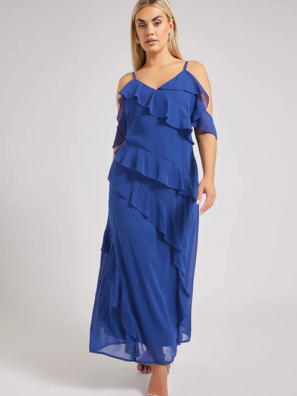 Yours London Maxi Jurk Met Ruches En Blote Schouders In Kobaltblauw, foto 3