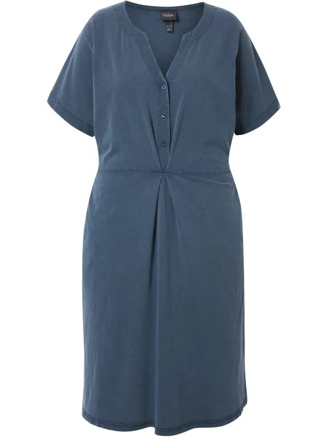 Ulla Popken Dames - Jersey jurk A-lijn tuniek-halslijn halve mouwen - Marine - Maat 46+