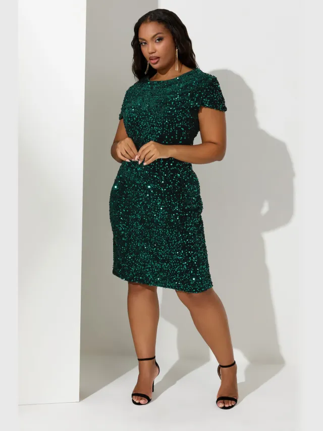 Yours London Minijurk Van Fluweel Met Pailletten En Korte Mouwen In Groen Green