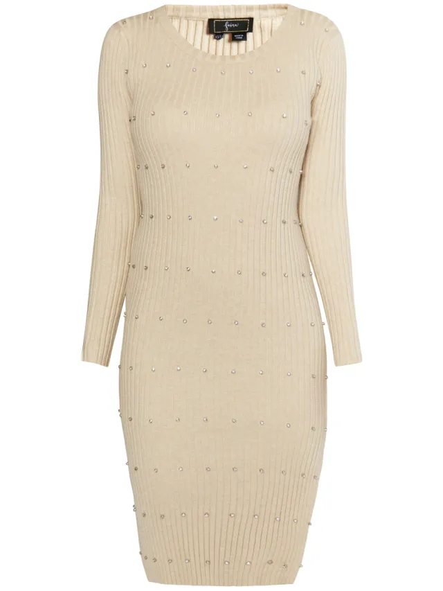 Faina Ribgebreide jurk met strasssteentjes Dames lichtbeige beige, foto 2
