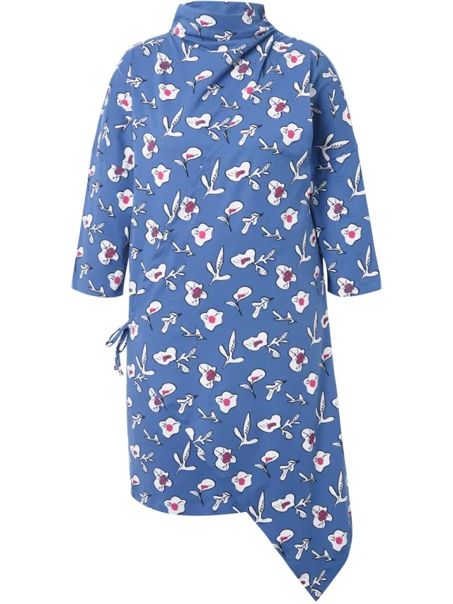 Ulla Popken Dames - Jersey jurk bloemen wikkellook 3/4-mouwen - Licht zeilblauw - Maat 50+
