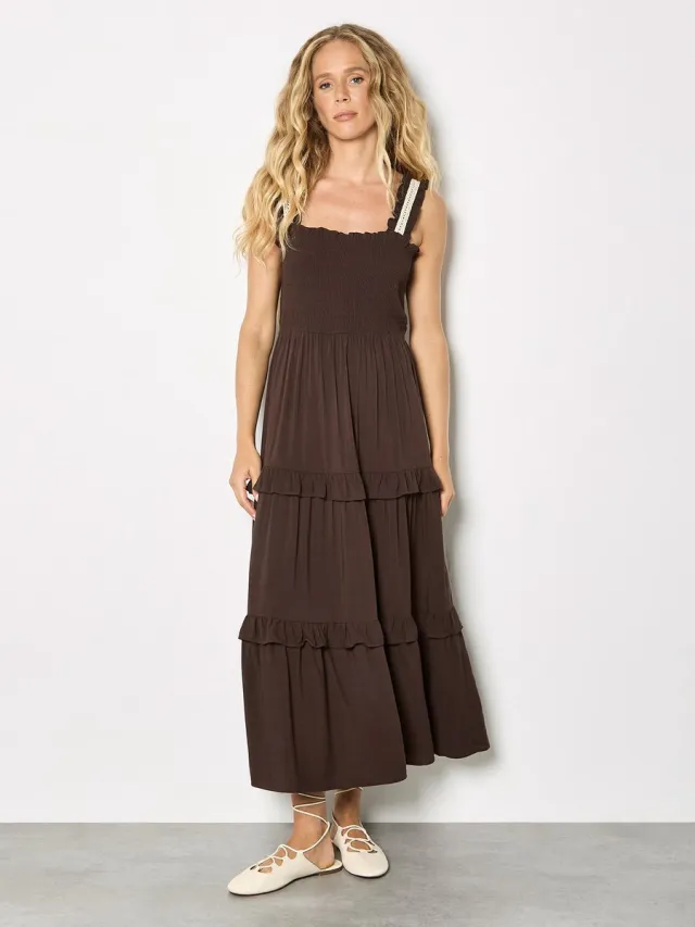Apricot Midi-jurk met gelaagde kanten rand bruin