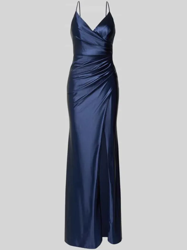 LUXUAR FASHION Maxi-jurk van satijn met draperieën en loopsplit Donkerblauw