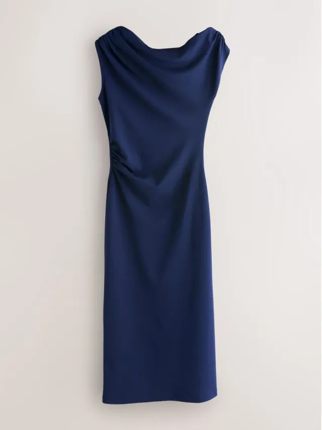 Next Dames - Halflange gedrapeerde feestjurk met blote schouder en ruches - Blauw Navy Blue