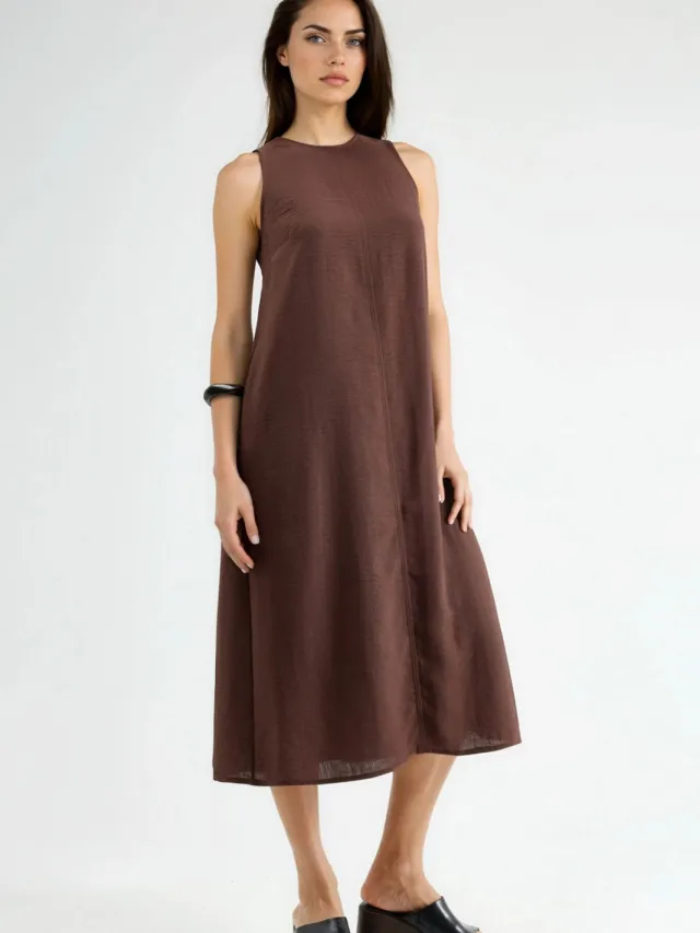 Hiccup Linnenlook Mouwloze Crew Neck Midi Jurk Mokka