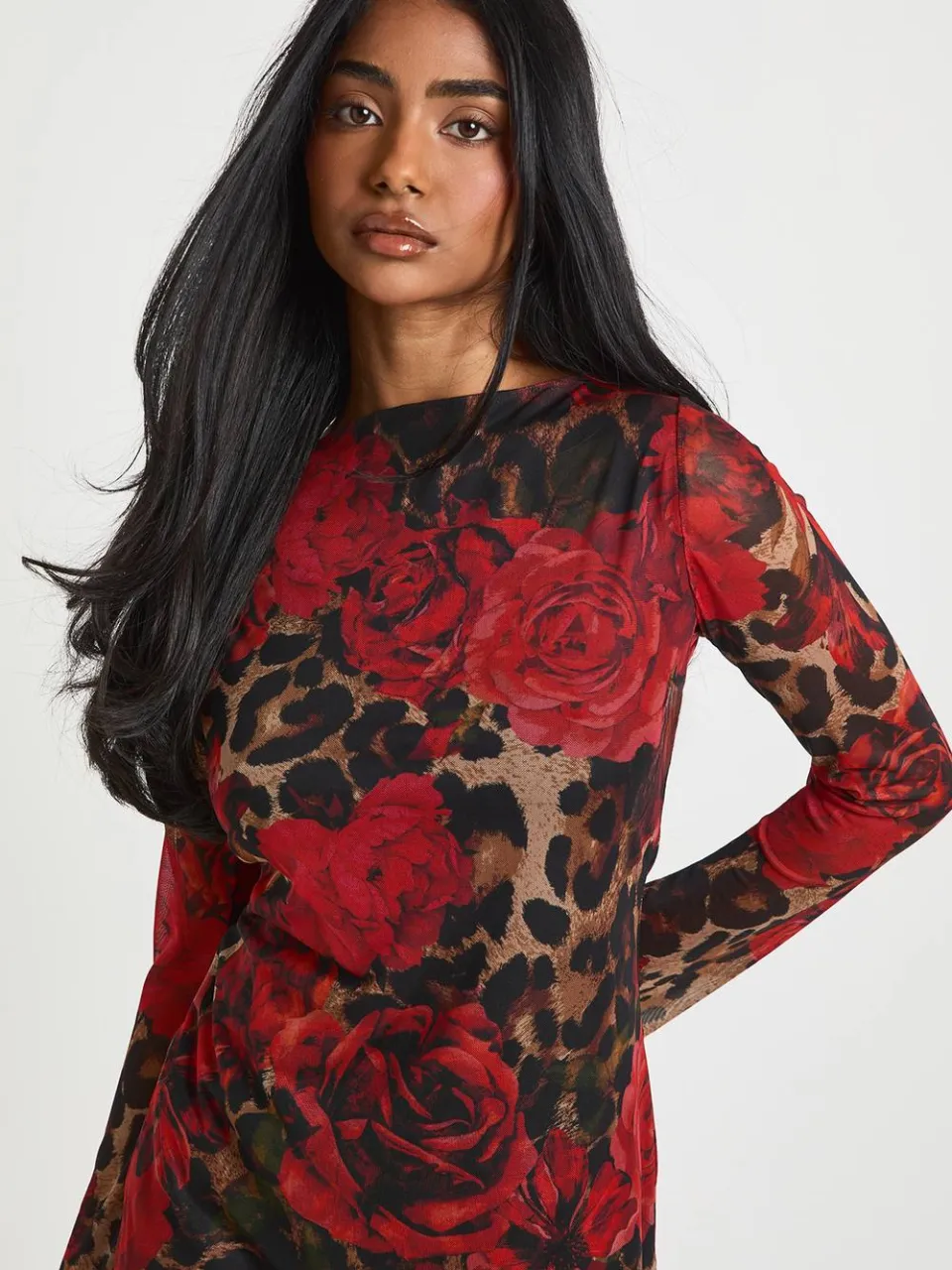 boohoo Dames Gemixte Luipaard Print Mesh Flare Mouw Mini Jurk luipaardprint, foto 3