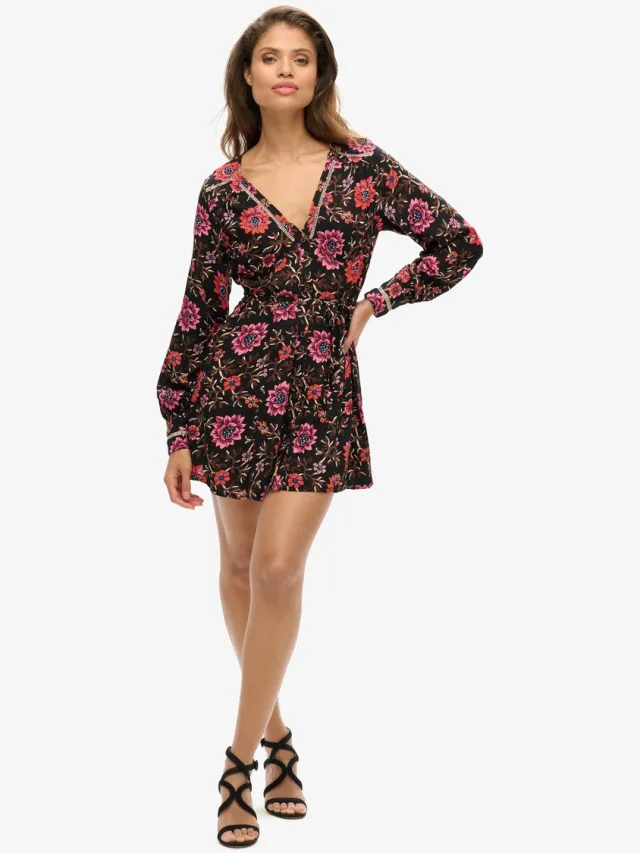Superdry Mini-jurk met V-hals en print - Dames - Jurken Mori Floral Brown